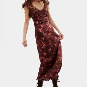 Free People Butterfly Babe Maxi Dress Brown/Maroon Color Floral Lace Boho Size L